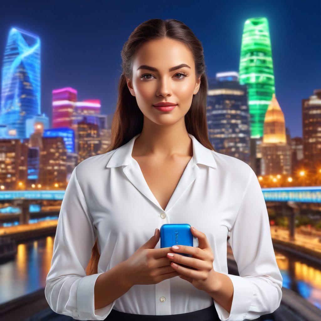 A modern woman confidently holding a sleek portable charger, surrounded by various smart batteries and eco-friendly gadgets. The background features a vibrant cityscape, symbolizing empowerment and technology integration in daily life. Incorporate elements like a glowing heart to represent energy and vitality. Bright, cheerful colors to evoke a sense of positivity and innovation. super-realistic. vibrant colors.