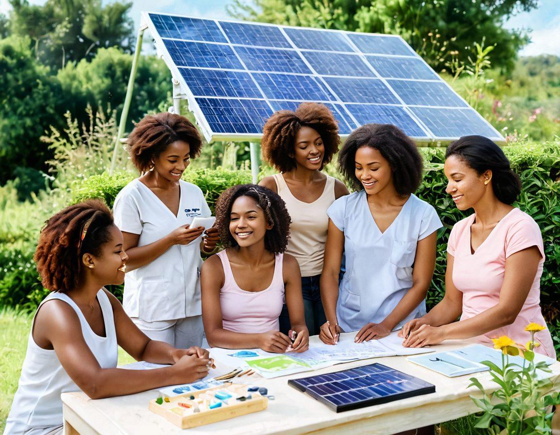 A serene scene featuring diverse women of different ages and ethnicities engaging in breast care activities, such as self-examination and nurturing practices. In the background, sustainable energy symbols like solar panels and batteries represent eco-friendly living. The atmosphere is warm and empowering, with soft pastel colors and natural elements like plants and flowers. This imagery conveys a sense of community, care, and environmental consciousness. watercolor painting. soft colors. natural light.