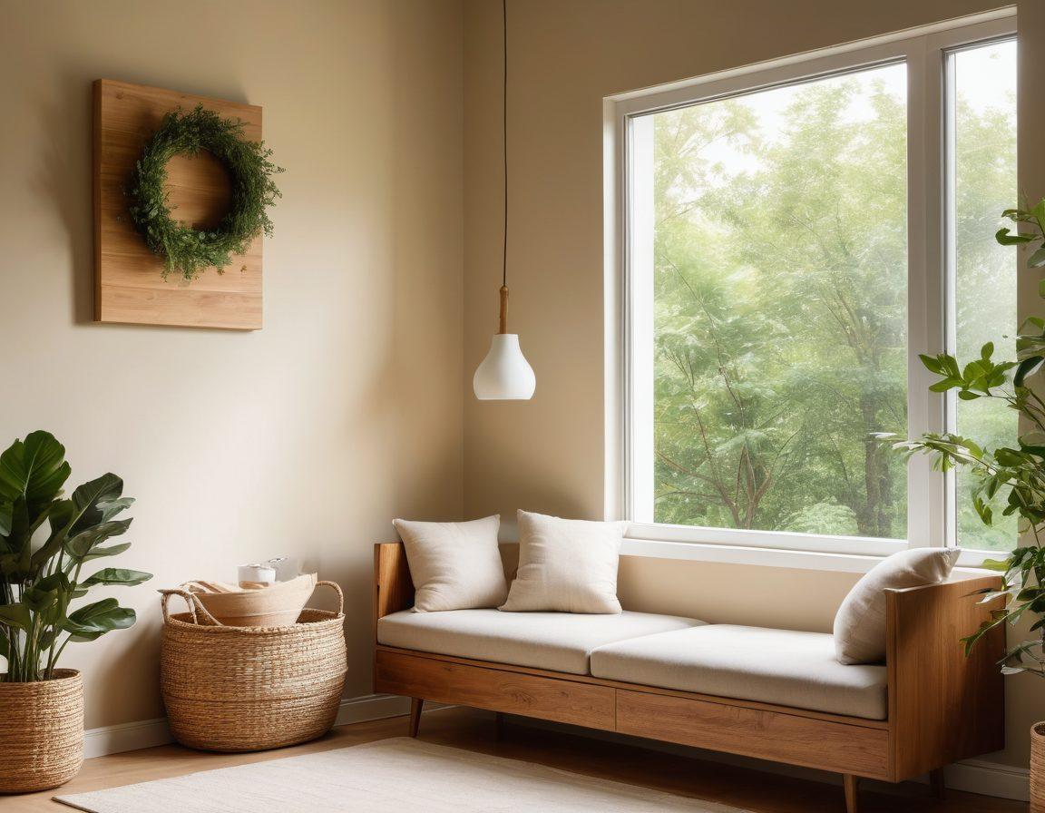 A serene home interior showcasing eco-friendly products, with a cozy breastfeeding nook adorned in natural materials and greenery. Beside it, an innovative, stylish battery storage solution made from sustainable materials, elegantly blending into the decor. Soft sunlight filters through the window, casting a warm glow over the scene. Emphasize harmony between motherhood and sustainable living. painting. vibrant colors.